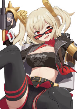 Rule 34 | 1girl, :d, absurdres, black shorts, black thighhighs, blonde hair, breasts, burnice white, cleavage, flamethrower, harukatoku1009, highres, holding flamethrower, holding weapon, large breasts, looking at viewer, open mouth, shorts, simple background, sitting, smile, sunglasses, thighhighs, twintails, white background, zenless zone zero