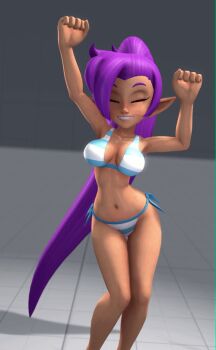 1girl 3d ^_^ animated animated_gif arms_up ass_shake batesz bikini bouncing_breasts breasts cleavage closed_eyes curvy dancing dark-skinned_female dark_skin female_focus full_body happy hip_focus medium_breasts navel pointy_ears ponytail purple_hair shantae shantae_(series) side-tie_bikini_bottom smile solo striped_bikini striped_clothes swimsuit wide_hips