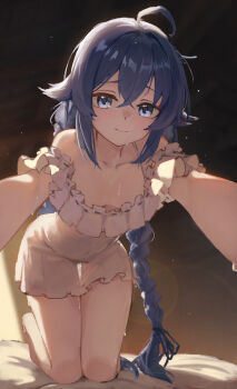 1girl ahoge all_fours bare_legs bare_shoulders barefoot blue_eyes blue_hair blush breasts closed_mouth crossed_bangs dress frilled_dress frills haimaotuanzi hair_between_eyes highres long_hair looking_at_viewer mushoku_tensei off-shoulder_dress off_shoulder pussy_juice reaching reaching_towards_viewer roxy_migurdia small_breasts solo white_dress
