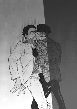 2boys absurdres against_wall age_difference bara clothes_pull formal_clothes gloves highres hongjiupingzi kiss leather leather_pants leg_between_thighs majima_goro male_focus multiple_boys pants pulling ryuu_ga_gotoku_(series) ryuu_ga_gotoku_0 short_hair snakeskin suit white_suit yaoi