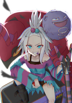 1girl absurdres aqua_eyes bass_guitar black_boots black_shorts blush boots collarbone commentary_request dress fangs freckles gen_1_pokemon gen_5_pokemon hair_bobbles hair_ornament highres holding holding_bass_guitar holding_instrument holding_poke_ball instrument koffing long_sleeves mouth_hold nintendo open_mouth osutaka19931015 plectrum plectrum_in_mouth poke_ball poke_ball_(basic) pokemon pokemon_(creature) pokemon_bw2 roxie_(pokemon) scolipede shorts shorts_under_dress sitting skull_and_crossbones smile striped_clothes striped_dress teeth topknot two-tone_dress v-shaped_eyebrows white_hair