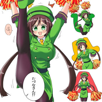 1girl bowler_hat brown_hair brown_pantyhose buttons commentary_request flexible formal_clothes green_eyes green_hat green_jacket green_shorts green_skirt hat hayakawa_tazuna highres horse_girl horseshoe_hat_ornament horseshoe_ornament jacket jumping long_hair multiple_views naitou_kouse necktie one_eye_closed open_mouth pantyhose pom_pom_(cheerleading) shorts skirt skirt_suit split split_ponytail standing standing_on_one_leg standing_split suit translated umamusume very_long_hair yellow_necktie