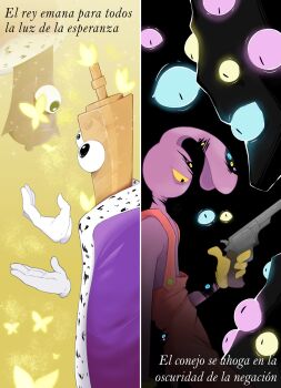 Rule 34 | absurdres, animal ears, black background, bug, butterfly, chess piece, colored sclera, crown, extra eyes, from side, gloves, gun, highres, holding, holding gun, holding weapon, insect, jax (the amazing digital circus), king (chess), kinger (the amazing digital circus), looking down, looking up, oblivionarts 2, overalls, rabbit ears, red overalls, the amazing digital circus, weapon, white gloves, yellow gloves, yellow sclera