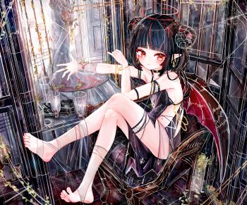 1girl a1u absurdres barefoot black_hair black_horns commentary demon_girl demon_horns demon_wings earrings feet halo highres horns jewelry looking_at_viewer md5_mismatch no_shoes open_mouth original pointy_ears red_eyes red_hair red_halo red_wings revision silk soles solo spider_web stirrup_legwear toeless_legwear toes wings