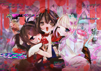 1boy 2girls :d abstract_background absurdres ame-chan_(needy_girl_overdose) black_hair blood blood_drip blue_eyes bow chouzetsusaikawa_tenshi-chan controller dual_persona empty_eyes game_controller glitch hair_bow hair_over_one_eye heart hi_(hi41342085) highres holding holding_controller holding_game_controller holding_phone long_hair long_sleeves looking_at_viewer mashiro_meme mashiro_meme_(1st_costume) medium_hair multicolored_hair multiple_girls multiple_hair_bows needy_girl_overdose nijisanji one_eye_closed one_eye_covered open_mouth phone red_scarf sailor_collar scarf school_uniform serafuku shirt short_hair single_hair_intake skirt smile symbol-shaped_pupils twintails virtual_youtuber white_hair white_sailor_collar white_serafuku white_shirt white_skirt