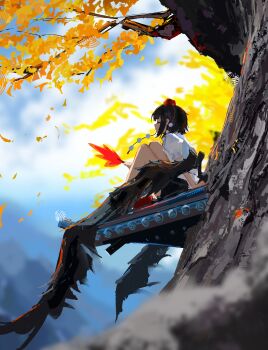 Rule 34 | 1girl, absurdres, autumn leaves, bird wings, black hair, black wings, closed eyes, commentary request, geta, hat, highres, holding, holding leaf, koukouya, leaf, leaf print, maple leaf, outdoors, pom pom (clothes), red hat, shameimaru aya, solo, tengu, tengu-geta, tokin hat, touhou, tree, wings