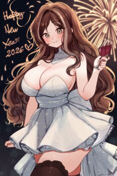 1girl 2026 aerial_fireworks bare_shoulders black_thighhighs blush breasts brown_hair cleavage closed_mouth commentary cup dress drinking_glass english_commentary fireworks grey_dress grey_eyes hand_up happy_new_year heart heart_in_eye highres holding holding_cup indie_virtual_youtuber large_breasts long_hair looking_at_viewer new_year sky_above_me sky_above_me_(vtuber) smile solo strapless strapless_dress symbol_in_eye thighhighs very_long_hair virtual_youtuber wine_glass