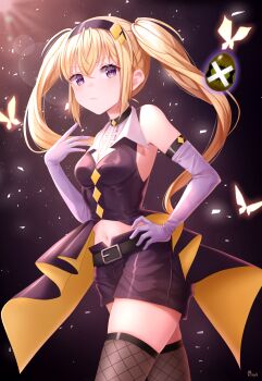 Rule 34 | 1girl, absurdres, belt, black belt, black headwear, black shirt, black shorts, blonde hair, butterfly hair ornament, closed mouth, dark jewel, dia (shugo chara!), diamond hair ornament, fishnet thighhighs, fishnets, gloves, grey gloves, hair ornament, hand on own hip, highres, hoshina utau, looking at viewer, navel, purple eyes, rina10, shirt, shorts, shugo chara!, solo, thighhighs, thighs, twintails