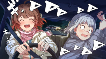 2girls :d ^_^ ahoge blush braid brown_hair brown_jacket car car_interior cardigan closed_eyes commentary_request crying crying_with_eyes_open drifting driving fujiwara_takumi's_toyota_trueno_ae86 gakuen_idolmaster grey_hair grey_jacket hanami_ume highres idolmaster initial_d jacket katsuragi_lilja motor_vehicle multiple_girls o_o one_eye_closed open_clothes open_jacket open_mouth pink_cardigan pink_scarf rocktaso_co_ltd scarf seatbelt short_hair smile sound_effects tears teeth toyota toyota_sprinter_trueno upper_teeth_only