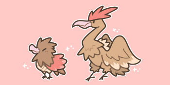 beak bird brown_feathers chaobu chibi evolutionary_line fearow feathers gen_1_pokemon highres nintendo no_humans pink_background pokemon pokemon_(creature) simple_background sparkle spearow