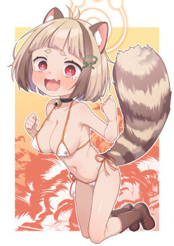Rule 34 | 1girl, animal ear fluff, animal ears, arata (blue archive), arched bangs, bell, bikini, black choker, blue archive, blush, boots, breasts, brown boots, brown hair, cameltoe, choker, cleavage, clenched hands, fang, female focus, full body, hair ornament, hairclip, halo, highres, jingle bell, kanabun, large breasts, light brown hair, looking at viewer, micro bikini, multicolored hair, navel, neck bell, open mouth, oppai loli, orange halo, paid reward available, raccoon ears, raccoon girl, raccoon tail, red eyes, short hair, side-tie bikini bottom, skin fang, solo, streaked hair, swimsuit, tail, tearing up, tears, thick eyebrows, wavy eyes, wavy mouth, white bikini