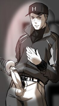 1boy artificial_vagina baseball_uniform blush cum erection grin hat hihumi male_focus masturbation naughty_face penis phone pubic_hair sex_toy smile solo sportswear testicles