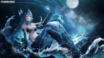 1girl bare_shoulders blue_hair breasts commentary hair_between_eyes hair_spread_out hand_up lamia lamia:_lost_lullaby_(pgr) lamia_(pgr) large_breasts logo long_hair mechanical_arms mechanical_hands mechanical_tail monster_girl navel official_art outdoors ozzingo parted_lips punishing:_gray_raven purple_eyes skyline solo stomach tail water
