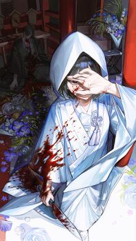 1boy 1girl black_hair blood blood_on_clothes death flower hashtag-only_commentary highres holding holding_knife huli_xiaobai japanese_clothes kimono knife murder purple_flower sandals shimizu_hinako shiromuku silent_hill_(series) silent_hill_f spoilers tassel uchikake walking wataboushi white_kimono wide-eyed