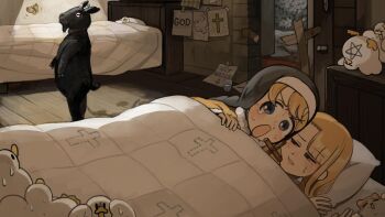 Rule 34 | 2girls, :o, bed, bird, blonde hair, blue eyes, bug, butterfly, cat, chicken, clumsy nun (diva), commentary, cross, cup, diva (hyxpk), duck, english commentary, goat, half-closed eyes, highres, insect, little nuns (diva), multiple girls, nun, pentagram, spicy nun (diva), traditional nun, under covers
