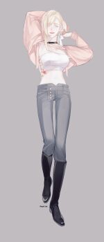 1girl artist_name blonde_hair boots breasts choker denim esprit_kdy female_focus jeans large_breasts lips looking_at_viewer midriff navel open_fly open_mouth pants simple_background solo standing tagme yellow_eyes