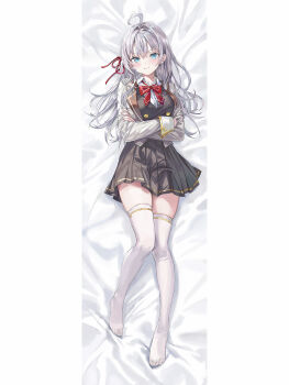 1girl ahoge alisa_mikhailovna_kujou black_skirt blue_eyes border bow bowtie collared_shirt commentary_request crossed_arms dakimakura_(medium) full_body grey_hair grey_jacket hair_ribbon highres jacket long_hair long_sleeves looking_at_viewer lying momoko_(momopoco) no_shoes official_art on_back parted_lips red_bow red_bowtie red_ribbon ribbon school_uniform shirt skirt smile solo thighhighs tokidoki_bosotto_roshia-go_de_dereru_tonari_no_alya-san v-shaped_eyebrows white_border white_thighhighs zettai_ryouiki