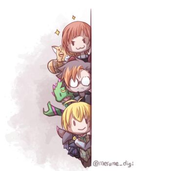 1girl 2boys chiropmon digimon digimon_(creature) digimon_beatbreak gekkomon kuonji_makoto looking_at_viewer merume_digi multiple_boys pristimon sakuya_reina smile tenma_tomoro