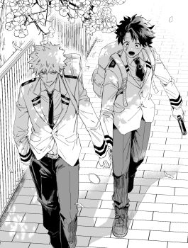 2boys backpack bag bakugou_katsuki boku_no_hero_academia collared_shirt commentary dmdtmt99 full_body greyscale hand_in_pocket highres holding holding_hands looking_at_another male_focus midoriya_izuku monochrome multiple_boys necktie open_mouth scar scar_on_face school_uniform shirt short_hair smile spiked_hair standing symbol-only_commentary u.a._school_uniform walking