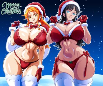 2girls absurdres bag black_hair blue_eyes bow bow_panties bra breasts christmas closed_mouth curvy english_text gloves hat highres huge_breasts long_hair looking_at_viewer multiple_girls nami_(one_piece) navel nico_robin night one_piece open_mouth orange_eyes orange_hair panties red_bra red_gloves red_panties santa_costume santa_hat smile snow snowing soul-z thick_thighs thighhighs thighs underwear wide_hips