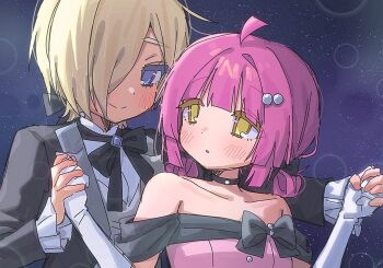 2girls ahoge bare_shoulders black_bow black_jacket blonde_hair blunt_bangs blunt_ends blush bow collarbone commentary_request gloves hair_bow hair_over_one_eye holding_hands jacket like_a_treasure_(love_live!) looking_at_another love_live! love_live!_nijigasaki_high_school_idol_club love_live!_nijigasaki_high_school_idol_club_the_movie_-_finale medium_hair metametmonmong mia_taylor multiple_girls off_shoulder official_alternate_costume one_eye_covered pink_hair purple_eyes short_hair smile stay_(love_live!) tennoji_rina upper_body white_gloves yellow_eyes