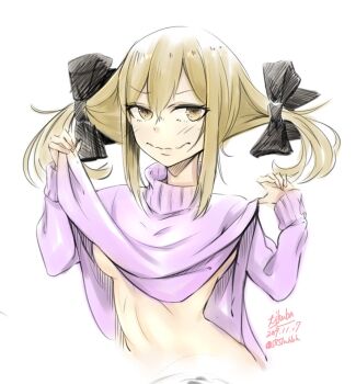 1girl blonde_hair blush breasts collarbone commentary_request embarrassed hair_between_eyes hair_ribbon koujiro_frau lifting_own_clothes long_hair long_sleeves looking_at_viewer nervous_smile ribbon robotics;notes science_adventure simple_background small_breasts smile solo underboob upper_body white_background yakku yellow_eyes