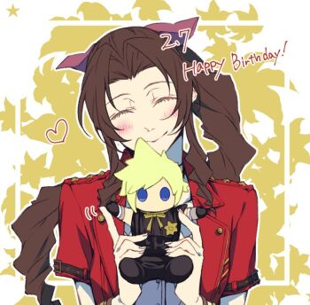 Rule 34 | 1boy, 1girl, aerith gainsborough, akatsuki jam, bangle, blonde hair, blue eyes, blush, bracelet, braid, braided ponytail, brown hair, buttons, character doll, closed eyes, closed mouth, cloud strife, commentary request, dated, doll, final fantasy, final fantasy vii, final fantasy vii remake, flower, hair ribbon, happy birthday, holding, holding doll, jacket, jewelry, long hair, neck ribbon, parted bangs, pink ribbon, red jacket, ribbon, sidelocks, single braid, smile, spiked hair, upper body, yellow background, yellow flower, yellow ribbon