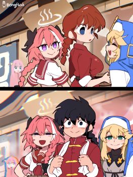 2girls 3boys :d absurdres androgyne_symbol artist_name astolfo_(fate) astolfo_(sailor_paladin)_(fate) bathhouse black_bow black_eyes black_hair blonde_hair blush bocchi_the_rock! bongftah bow braid breasts bridget_(guilty_gear) commentary crossdressing crossdressing_(mtf) crossover fate/grand_order fate_(series) genderswap gotoh_hitori green_eyes guilty_gear guilty_gear_strive hair_between_eyes hair_bow half-closed_eyes highres hood hoodie implied_transformation implied_yaoi large_breasts multicolored_hair multiple_boys multiple_crossover multiple_girls onsen onsen_symbol open_mouth pink_hair purple_eyes ranma-chan ranma_1/2 red_hair red_sailor_collar sailor_collar saotome_ranma single_hair_streak smile streaked_hair symbol-only_commentary towel trait_connection trap two-tone_hair white_hair