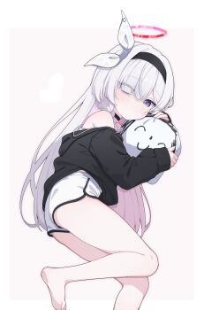 1girl absurdres barefoot black_hairband blue_archive cinamon_(cinamori) commentary_request doodle_sensei_(blue_archive) hairband halo highres long_hair plana_(blue_archive) sensei_(blue_archive) shorts