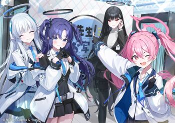 4girls black_gloves black_hair black_pantyhose black_skirt blue_archive blue_necktie blunt_bangs closed_eyes closed_mouth commentary_request fang fingerless_gloves gloves half_gloves halo hand_up highres jacket koyuki_(blue_archive) long_hair long_sleeves looking_at_viewer momomoi_momoi multiple_girls necktie noa_(blue_archive) official_art one_eye_closed open_clothes open_jacket open_mouth pantyhose pink_hair purple_eyes purple_hair rio_(blue_archive) school_uniform seminar_(blue_archive) skirt smile sweater teeth turtleneck turtleneck_sweater twintails two_side_up very_long_hair white_hair white_skirt yuuka_(blue_archive)