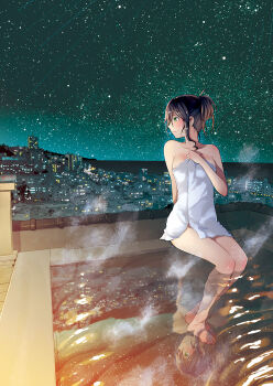 1girl barefoot black_hair cityscape closed_mouth commentary_request green_eyes hattori_mitsuru highres kinme_wakana kirei_ni_shitemoraemasuka looking_to_the_side naked_towel night night_sky reflection reflective_liquid sidelocks sky skyline soaking_feet solo star_(sky) starry_sky towel water
