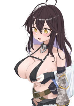 1girl absurdres antenna_hair bare_shoulders belt belt_pouch bikini black_bikini black_bridal_gauntlets black_collar blush breasts bridal_gauntlets brown_belt brown_hair chaos_zero_nightmare character_request cleavage collar collarbone colored_inner_hair commentary cowboy_shot cutoffs denim denim_shorts disembodied_hand fang grabbing_another&#039;s_breast grabbing_from_behind groin groping hair_between_eyes highres large_breasts long_hair long_sleeves maribell_(chaos_zero_nightmare) micro_shorts mikkotine mole mole_on_breast mole_under_eye multicolored_hair navel off_shoulder open_fly open_mouth owen_(chaos_zero_nightmare) pouch purple_hair shorts sidelocks simple_background skin_fang solo_focus standing stomach swimsuit two-tone_hair white_background yellow_eyes