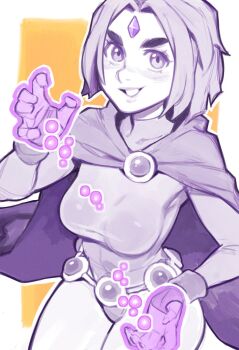 1girl border breasts cape collared_leotard commentary covered_navel dc_comics effy_neprin facial_mark forehead_mark highres hood hood_down hooded_cape leotard looking_at_viewer orange_background outside_border raven_(dc) short_hair sketch sleeved_leotard solo teen_titans white_border