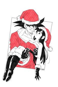 1boy 1girl absurdres artist_name bare_shoulders boots breasts carrying chi-chi_(dragon_ball) christmas closed_mouth collarbone commentary couple cowboy_shot dragon_ball dragonball_z dress english_commentary full_body gloves hat hetero highres long_hair medium_hair partially_colored princess_carry red_dress red_hat roub3d santa_costume santa_dress santa_hat simple_background smile son_goku spiked_hair strapless strapless_dress white_background