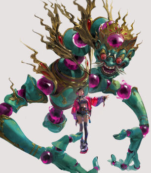 1girl black_hair blue_shirt blue_shorts breasts closed_mouth colored_inner_hair commentary cropped_shirt english_commentary full_body hand_up highres jacket lips long_sleeves looking_to_the_side medium_hair midriff monster multicolored_hair nose open_clothes open_jacket original purple_hair purple_jacket purple_shoes purple_thighhighs sangsoo_jeong shirt shoes shorts simple_background small_breasts standing thighhighs white_background