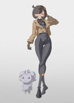 1girl :3 arm_up black_bodysuit black_gloves black_hair bodysuit bodysuit_under_clothes breasts brown_jacket closed_mouth commentary covered_navel crossed_legs dark-skinned_female dark_skin emma_(pokemon) espurr full_body gen_6_pokemon gloves hair_between_eyes hair_ornament highres jacket latex latex_bodysuit long_sleeves looking_at_viewer medium_breasts mega_stone nintendo one_eye_closed open_clothes open_jacket orange_gloves pokemon pokemon_(creature) pokemon_legends:_z-a purple_eyes shoes short_hair sidelocks simple_background smile standing swept_bangs thorn_(kmconceptart) two-tone_gloves watson_cross