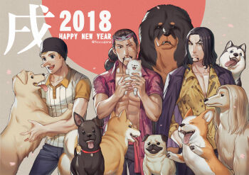 Rule 34 | 2018, 3boys, abs, afghan hound, animal, bare pectorals, black hair, black hat, chinese zodiac, commentary request, dog, facial hair, foxvulpine, fu manchu (mustache), goatee, golden retriever, happy new year, hat, holding, holding animal, holding dog, husky, jabra (one piece), jacket, jacket on shoulders, kaku (one piece), long mustache, long nose, male focus, multiple boys, mustache, new year, one piece, open clothes, open shirt, pectorals, pink shirt, pomeranian (dog), pug, rob lucci, scar, scar across eye, scar on face, shiba inu, shirt, tibetan mastiff, v-shaped eyebrows, welsh corgi, white shirt, year of the dog, yellow shirt
