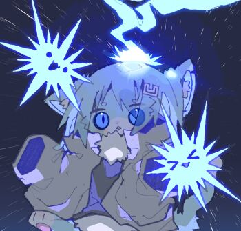 &gt;_&lt; 1other absurdres animal_ear_fluff animal_ears animal_feet bad_id bad_twitter_id black_shirt blue_background blue_eyes blue_fur blue_hair blue_tail cat_ears cat_tail chibi chibi_only commentary_request furry grey_jacket hair_ornament high_collar highres jacket lightning long_sleeves looking_at_viewer neck_fur nikamoka no_sclera open_mouth original other_focus shirt short_eyebrows sleeves_past_fingers sleeves_past_wrists slit_pupils solo tail thick_eyebrows