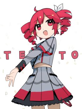 1girl character_name cowboy_shot drill_hair grey_jacket grey_skirt highres ienu jacket kasane_teto kasane_teto_(sv) long_sleeves open_mouth red_eyes red_hair skirt solo standing synthesizer_v twin_drills utau white_background
