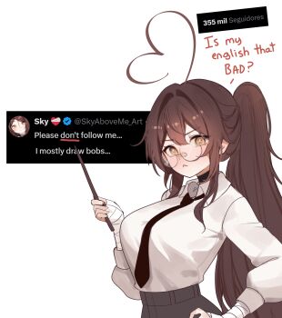 1girl :&lt; absurdres ahoge bandaged_hand bandages black_choker black_necktie breasts brown_eyes brown_hair choker closed_mouth collared_shirt commentary english_commentary english_text glasses grey_skirt hand_on_own_hip hand_up heart heart_ahoge highres huge_ahoge indie_virtual_youtuber large_breasts long_hair long_sleeves looking_at_viewer necktie original ponytail rimless_eyewear round_eyewear shirt shirt_tucked_in sidelocks simple_background skirt sky_above_me sky_above_me_(vtuber) solo tweet upper_body v-shaped_eyebrows very_long_hair virtual_youtuber white_background white_shirt