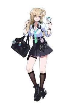 1girl aqua_nails aqua_necktie bag black_nails black_shoes black_skirt black_socks blonde_hair breasts cellphone commentary_request full_body hair_between_eyes hair_ornament headphones headphones_around_neck highres holding holding_phone id_card light_blush long_hair looking_at_viewer lynae_(wuthering_waves) medium_breasts nail_polish necktie parted_lips phone ryoha_kosako school_bag shirt shoes simple_background skirt skull_hair_ornament smartphone smile socks solo white_background white_shirt wuthering_waves