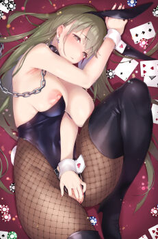 1girl animal_ears bare_shoulders black_boots black_leotard blush boots breasts brown_eyes brown_hair brown_thighhighs card chain collar covered_navel fake_animal_ears fishnet_thighhighs fishnets high_heel_boots high_heels highleg highleg_leotard highres large_breasts leotard long_hair looking_at_viewer lying nanahara_fuyuki nipples on_back original pantyhose playboy_bunny playing_card poker_chip rabbit_ears rabbit_tail solo tail thigh_boots thighhighs thighs wrist_cuffs