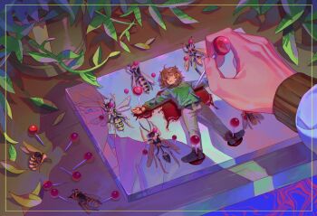 1other ambiguous_gender bee blank_stare bleeding blood boyfriend_to_death brown_hair bug commentary commission english_commentary green_sweater highres insect insect_pin lawrence_oleander leaf looking_to_the_side mini_person original other_focus outstretched_arms outstretched_legs pin pinned plant pool_of_blood pov pov_hands reflection short_hair solo soureeeee sweater table wasp