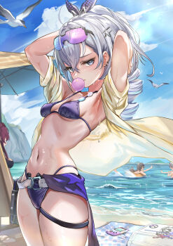 4girls absurdres alternate_costume armpits arms_behind_head arms_up belt belt_buckle bikini bird breasts buckle chewing_gum cloud cloudy_sky commentary_request day drill_hair drill_ponytail eyewear_on_head firefly_(honkai:_star_rail) floating_clothes game_boy goggles goggles_on_head grey_eyes grey_hair hair_between_eyes handheld_game_console highres honkai:_star_rail honkai_(series) kafka_(honkai:_star_rail) long_hair looking_at_viewer multiple_girls navel ocean outdoors purple-tinted_eyewear purple_bikini purple_hair seagull shirt silver_wolf_(honkai:_star_rail) sky small_breasts solo_focus sparkle stelle_(honkai:_star_rail) stomach swimsuit thighs tinted_eyewear trailblazer_(honkai:_star_rail) wet white_belt yellow_shirt zawzawa