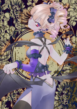 Rule 34 | 1girl, abstract background, absurdres, backless outfit, bat wings, black thighhighs, blonde hair, bow, commentary request, commission, detached sleeves, drill hair, earrings, hair bow, highres, jewelry, kouga yun, looking at viewer, low wings, multicolored eyes, multiple wings, original, purple eyes, purple skirt, red eyes, short hair, side slit, skeb commission, skirt, smile, solo, thighhighs, wings