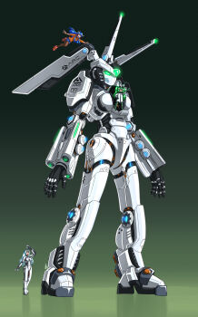 3girls arm_cannon bfg_9000 bfg_9000_(personification) blue_hair brown_legwear cacodemon cyclops demon_girl demon_horns doom_(series) energy_gun glowing glowing_eyes green_eyes highres horns mecha multiple_girls one-eyed pantyhose personification plasma_rifle robot silver_hair size_difference substance20 weapon