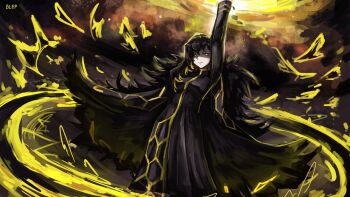 1girl arm_up artist_name binah_(project_moon) black_cape black_coat black_dress black_hair bleparts blonde_hair breasts cape coat coat_on_shoulders colored_inner_hair dress expressionless fur-trimmed_coat fur_trim glowing glowing_eyes highres honeycomb_(pattern) honeycomb_print lobotomy_corporation long_dress long_hair long_sleeves looking_at_viewer magic mole mole_under_eye multicolored_hair print_dress project_moon shaded_face solo turtleneck turtleneck_dress weapon yellow_eyes