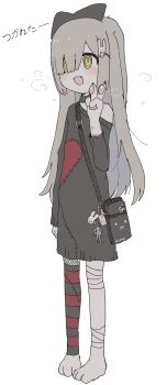 1girl :3 @_@ animal_feet animal_hands arm_at_side bag bag_charm bandaged_leg bandages black_sweater blunt_bangs blush breath cellphone character_charm charm_(object) cigarette_burn collar fang floppy_ears full_body grey_hair hair_ornament hand_up heavy_breathing highres long_hair mother_(series) nintendo off_shoulder open_mouth original oyasu_miyo pawpads phone rabbit_hair_ornament self-harm_scar shoulder_bag single_bare_shoulder smartphone smile solo standing starman_(mother) stitches sweater translation_request v vreparty yellow_eyes