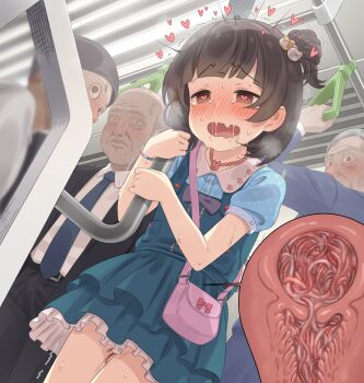 1girl 3boys balding bestiality blush creature_inside cross-section dutch_angle earthworm flat_chest grey_hair heart heart-shaped_pupils highres idolmaster idolmaster_million_live! interspecies loli lolita_fashion multiple_boys nakatani_iku neku_oneneko outdoors parasite saliva sexually_suggestive standing symbol-shaped_pupils tagme tears train_interior uterus vehicle what worm