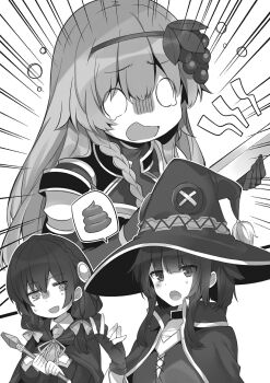 0_0 3girls blush bow braid breasts button_eyes buttons cleavage_cutout cloak clothing_cutout collared_shirt crown_braid dress emphasis_lines empty_eyes fingerless_gloves food food-themed_hair_ornament fruit fruit_hair_ornament gloves grape_hair_ornament grapes greyscale hair_between_eyes hair_bow hair_ornament hat highres holding holding_rod holding_sword holding_weapon hood hood_down hooded_cloak iris_(konosuba) jitome kono_subarashii_sekai_ni_shukufuku_wo! large_breasts long_hair long_sleeves low_twintails megumin mishima_kurone monochrome multiple_girls necktie non-web_source novel_illustration off-shoulder_dress off_shoulder official_art open_mouth poop ribbon rod shirt short_hair_with_long_locks small_breasts speech_bubble sweat sword tearing_up tears twintails upper_body v-shaped_eyebrows wavy_mouth weapon witch_hat yunyun_(konosuba)